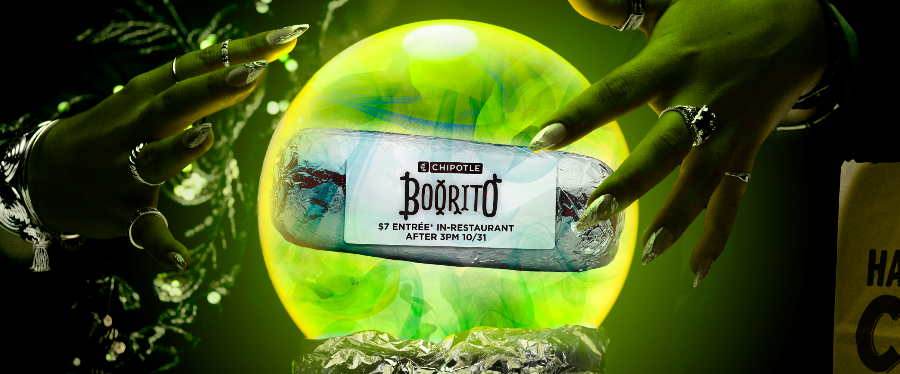 A Chipotle Boorito floats inside a crystal ball, with a label stating, "Chipotle Boorito. $7 entree in-restaurant after 3PM 10/31."