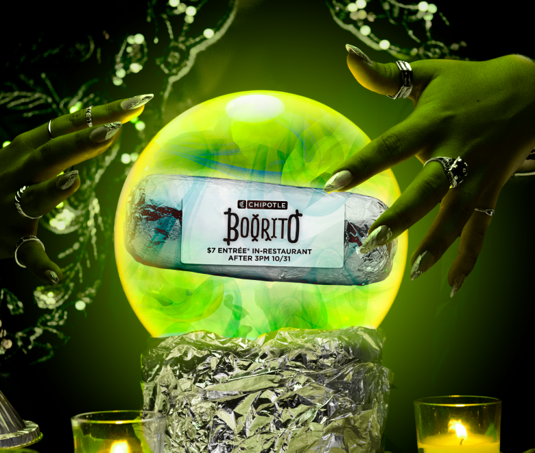 A Chipotle Boorito floats inside a crystal ball, with a label stating, "Chipotle Boorito. $7 entree in-restaurant after 3PM 10/31."