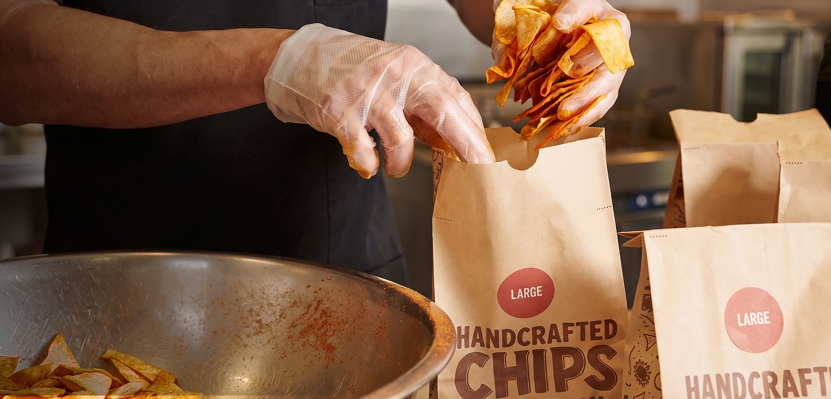 A Chipotle employee preparing and bagging a batch of hand-seasoned Chili-Lime Chips.