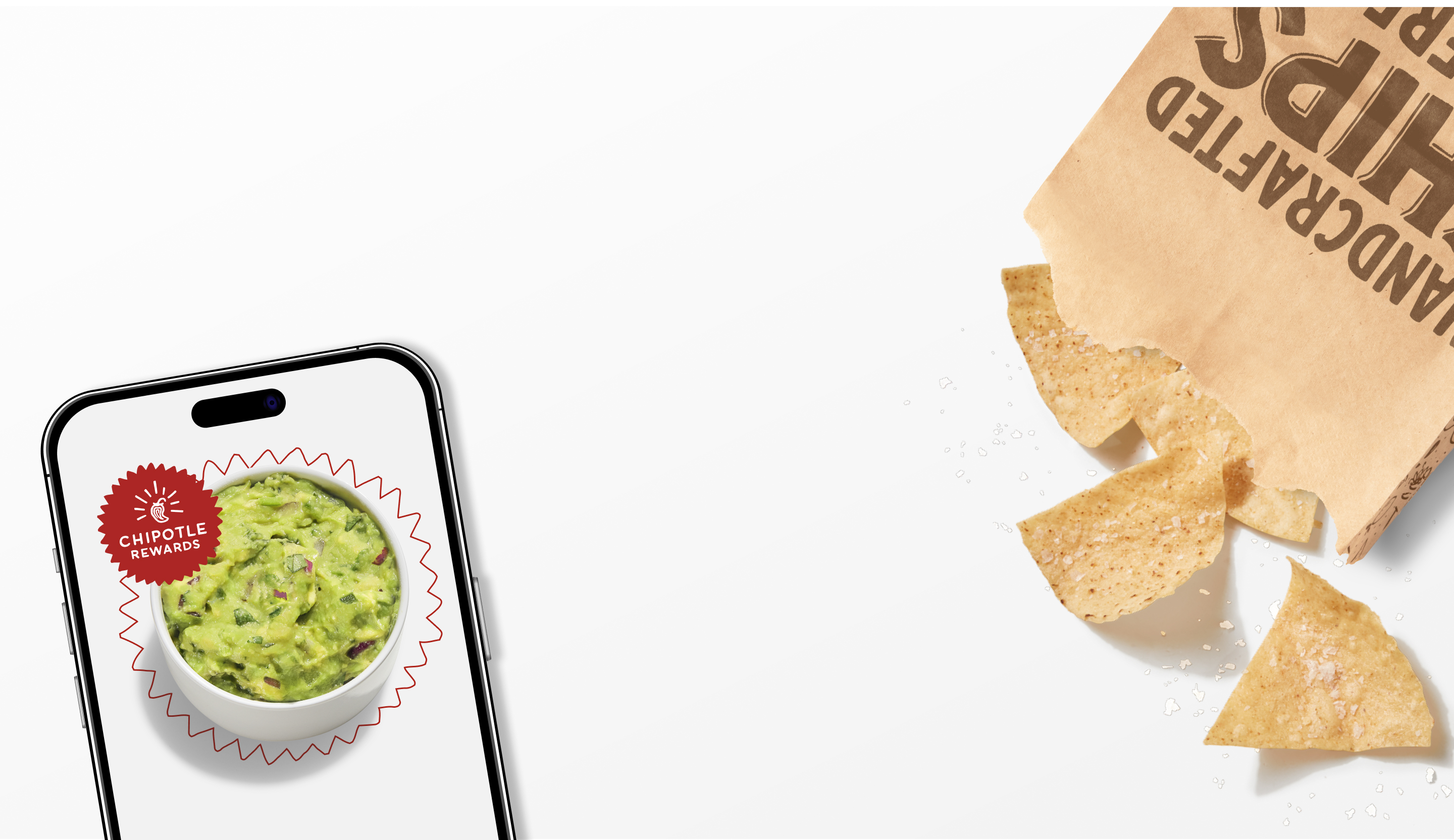 A side of fresh made Guacamole in a phone and a bag of classic Chipotle Chips.