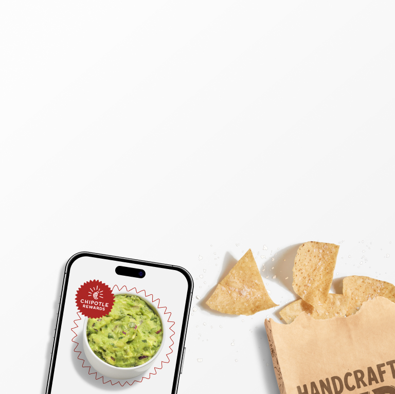 A side of fresh made Guacamole in a phone and a bag of classic Chipotle Chips.