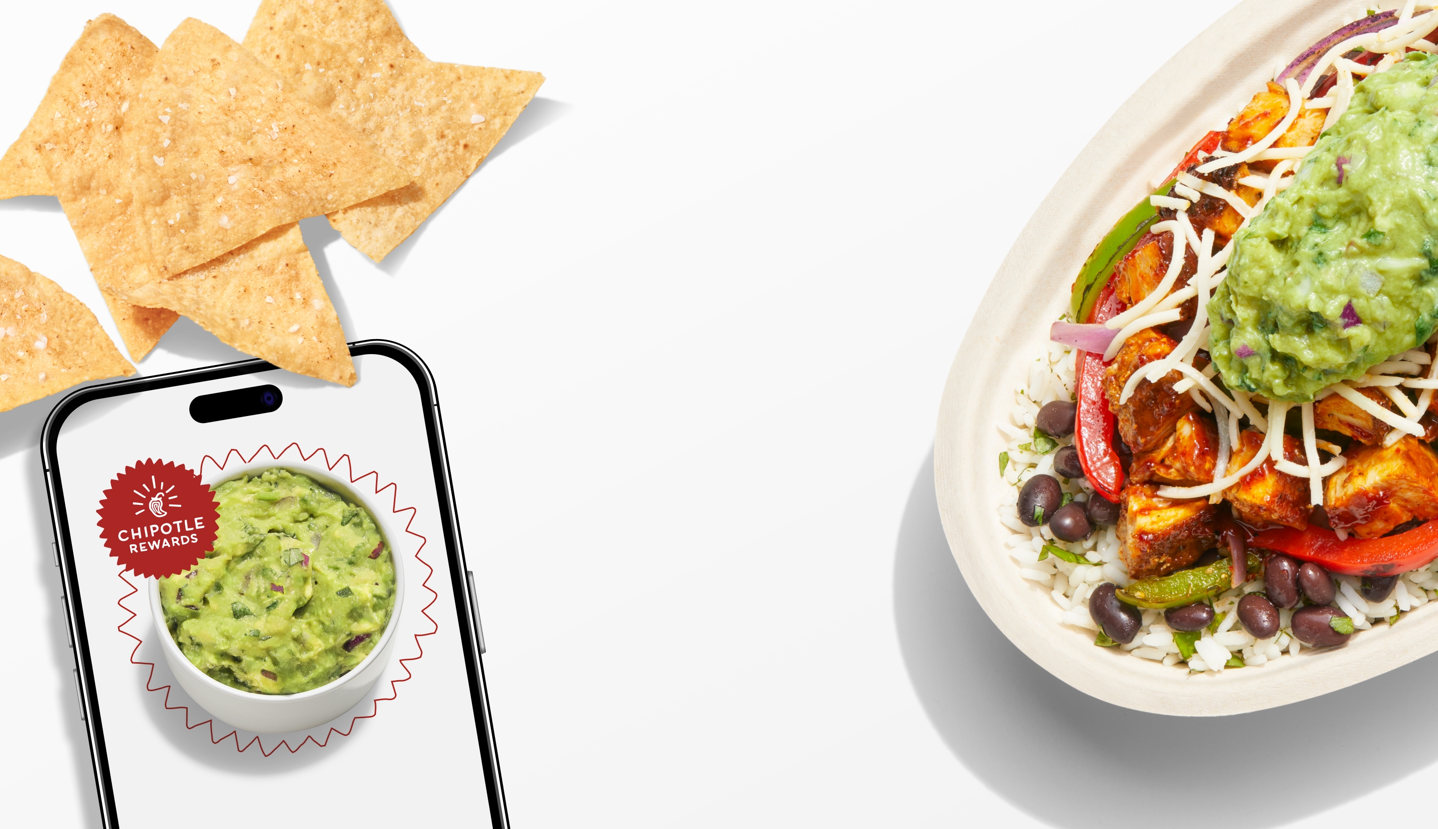 A smart phone showing the Chipotle Rewards logo around a free side or topping of fresh, hand-mashed Guac that you get when you sign up for Chipotle Rewards. Accompanied by a Chipotle Honey Chicken Burrito Bowl with white rice, black beans, freshly grilled Chipotle Honey Chicken, fajita veggies, hand-mashed Guac, and shredded Monterey Jack cheese.