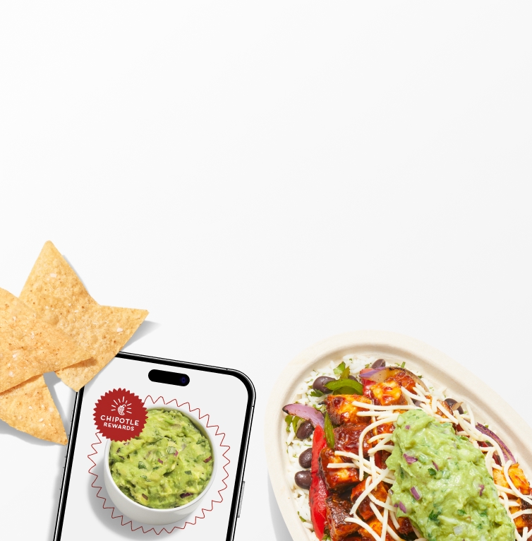 A smart phone showing the Chipotle Rewards logo around a free side or topping of fresh, hand-mashed Guac that you get when you sign up for Chipotle Rewards. Accompanied by a Chipotle Honey Chicken Burrito Bowl with white rice, black beans, freshly grilled Chipotle Honey Chicken, fajita veggies, hand-mashed Guac, and shredded Monterey Jack cheese.