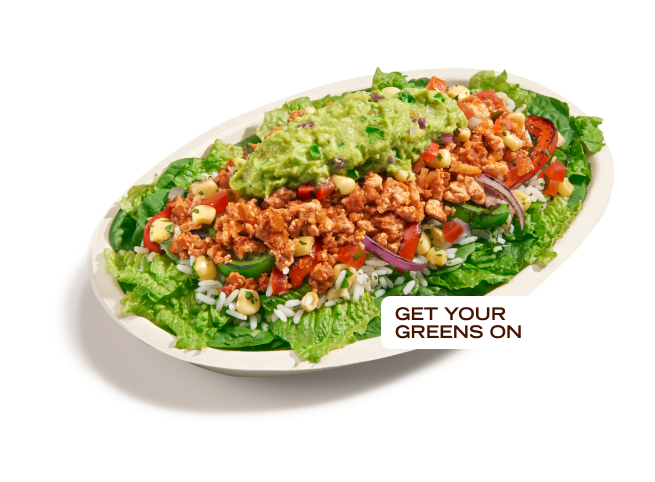 A plant-powered vegan and vegetarian bowl filled with supergreens, sofritas organic soy protein, corn salsa, and guac so you can get your greens on.